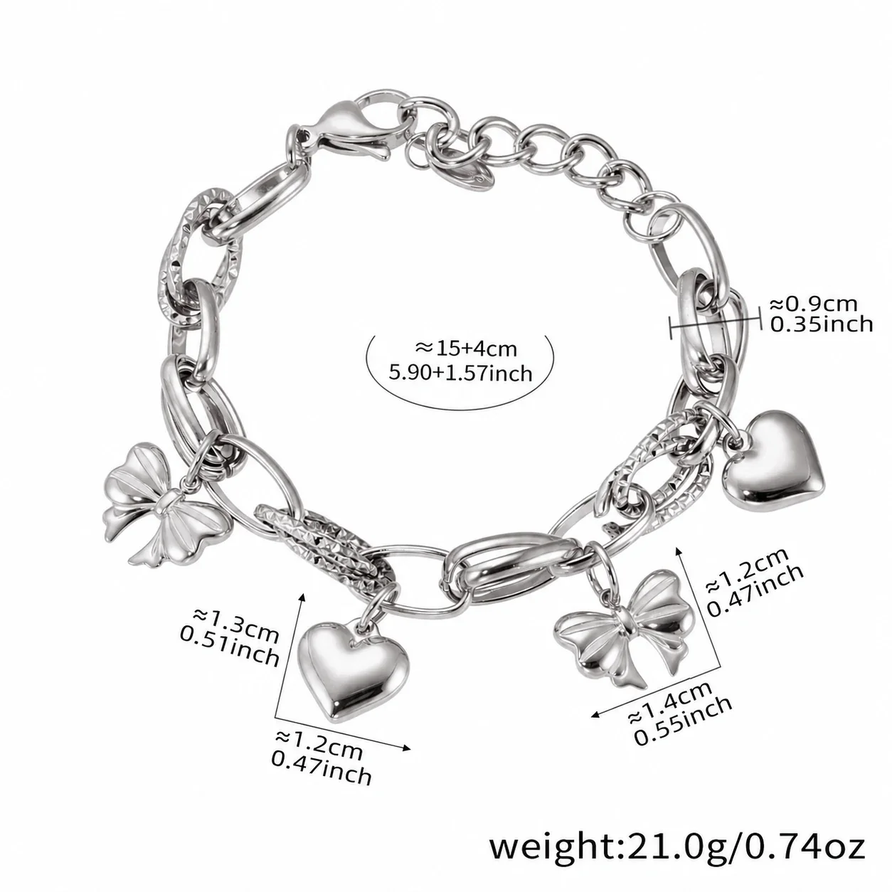 Playful 18K Gold-Plated Heart Bear Stainless Steel Bracelet - Silver DIY Multi-Charm + cm Large