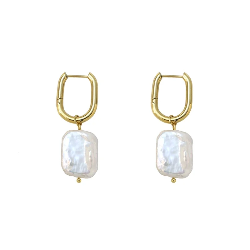Hoop Earrings with Baroque Freshwater Pearl, 18K Gold-Plated Steel