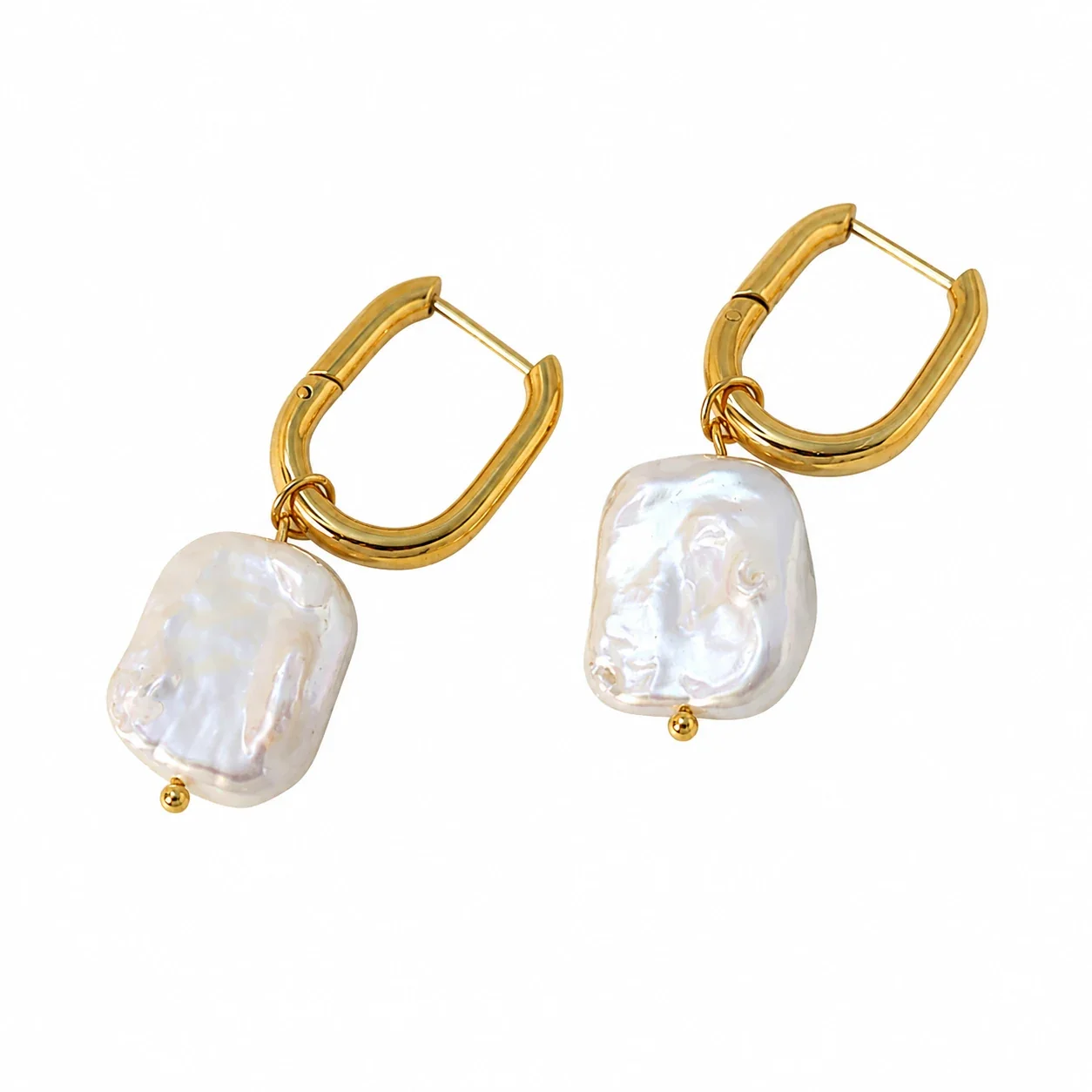 Hoop Earrings with Baroque Freshwater Pearl, 18K Gold-Plated Steel