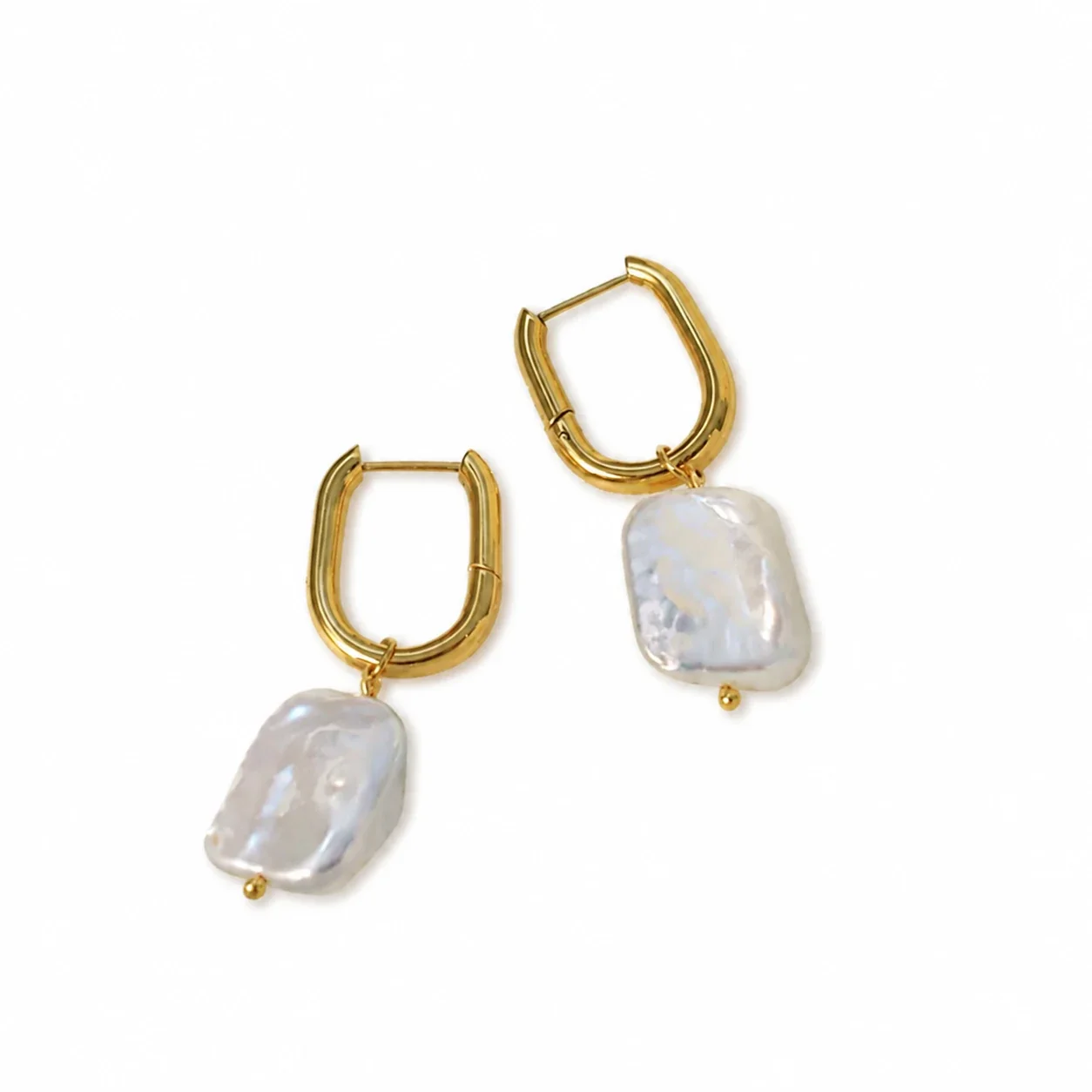 Hoop Earrings with Baroque Freshwater Pearl, 18K Gold-Plated Steel