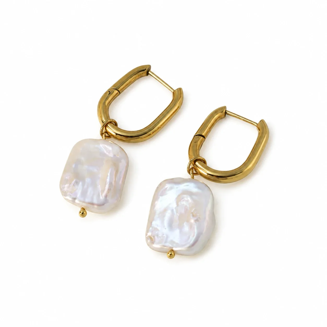 Hoop Earrings with Baroque Freshwater Pearl, 18K Gold-Plated Steel