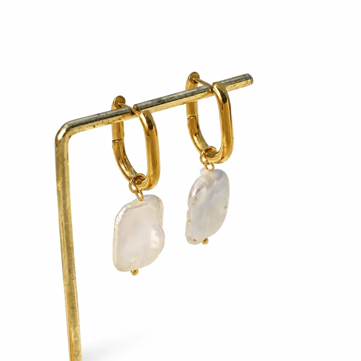 Hoop Earrings with Baroque Freshwater Pearl, 18K Gold-Plated Steel