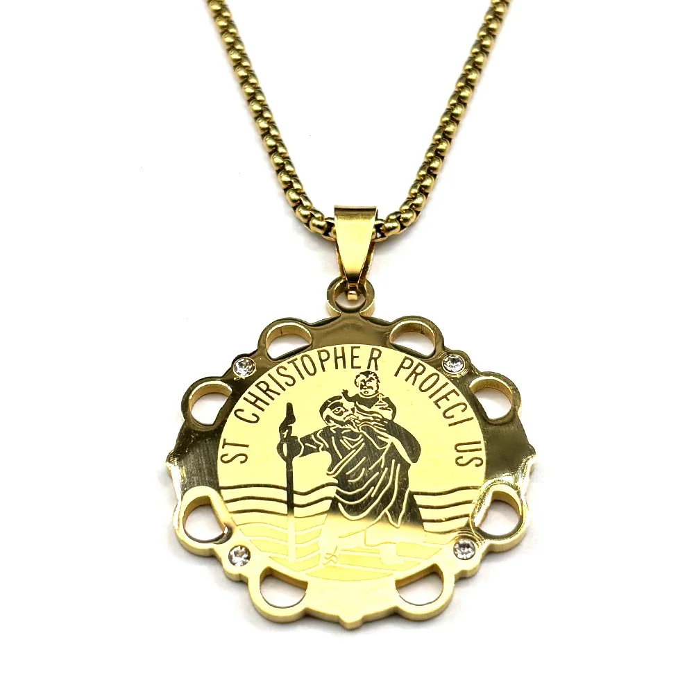 St Christopher Medal Stainless Steel Scalloped Box Chain Necklace