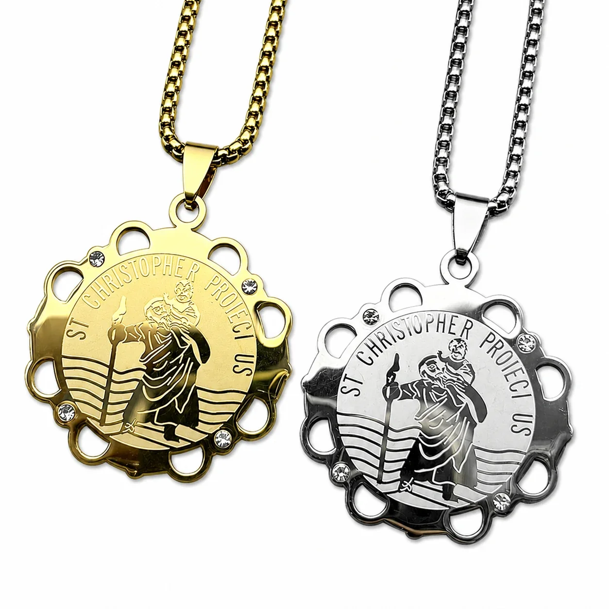 St Christopher Medal Stainless Steel Scalloped Box Chain Necklace