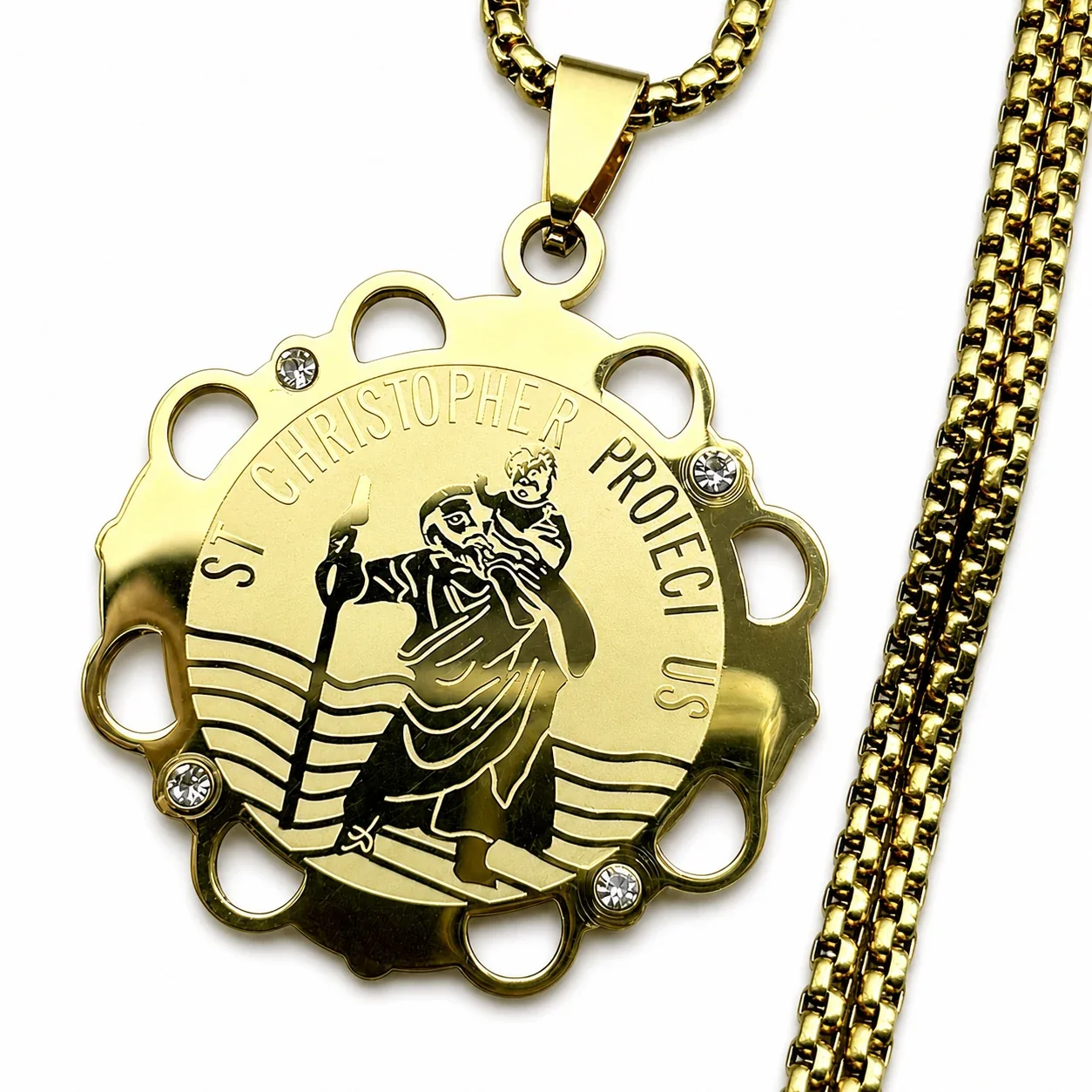 St Christopher Medal Stainless Steel Scalloped Box Chain Necklace