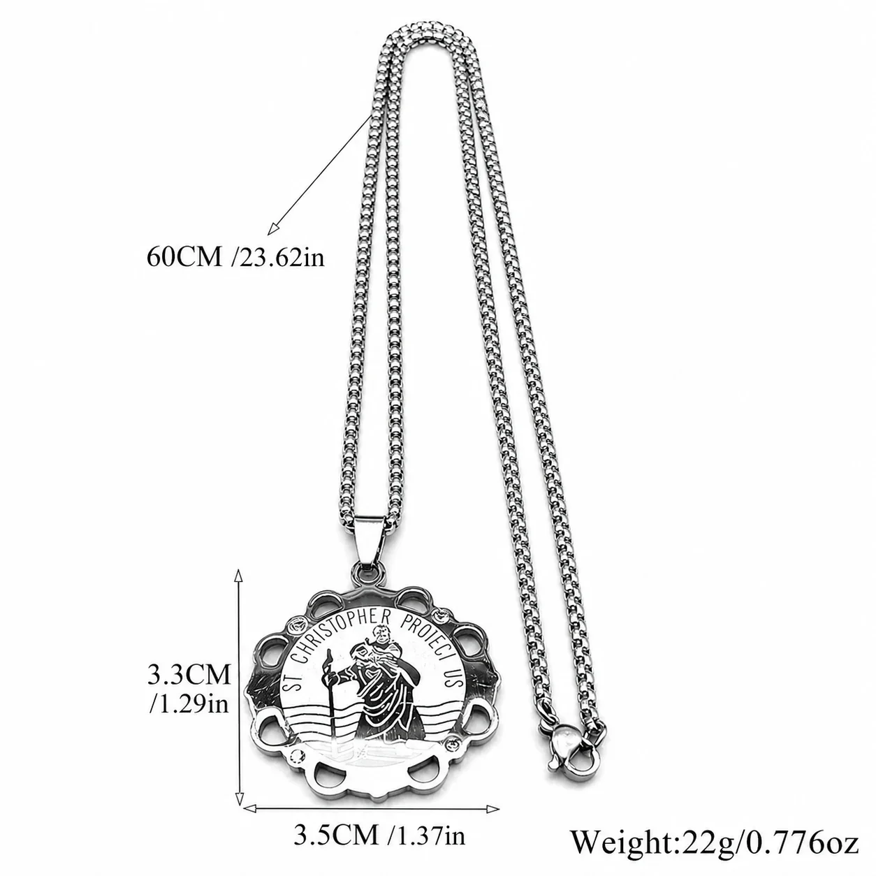 St Christopher Medal Stainless Steel Scalloped Box Chain Necklace