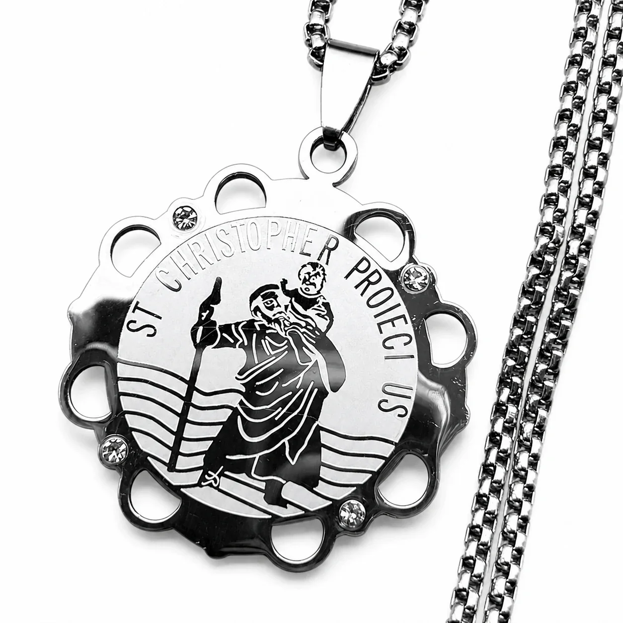 St Christopher Medal Stainless Steel Scalloped Box Chain Necklace - Silver