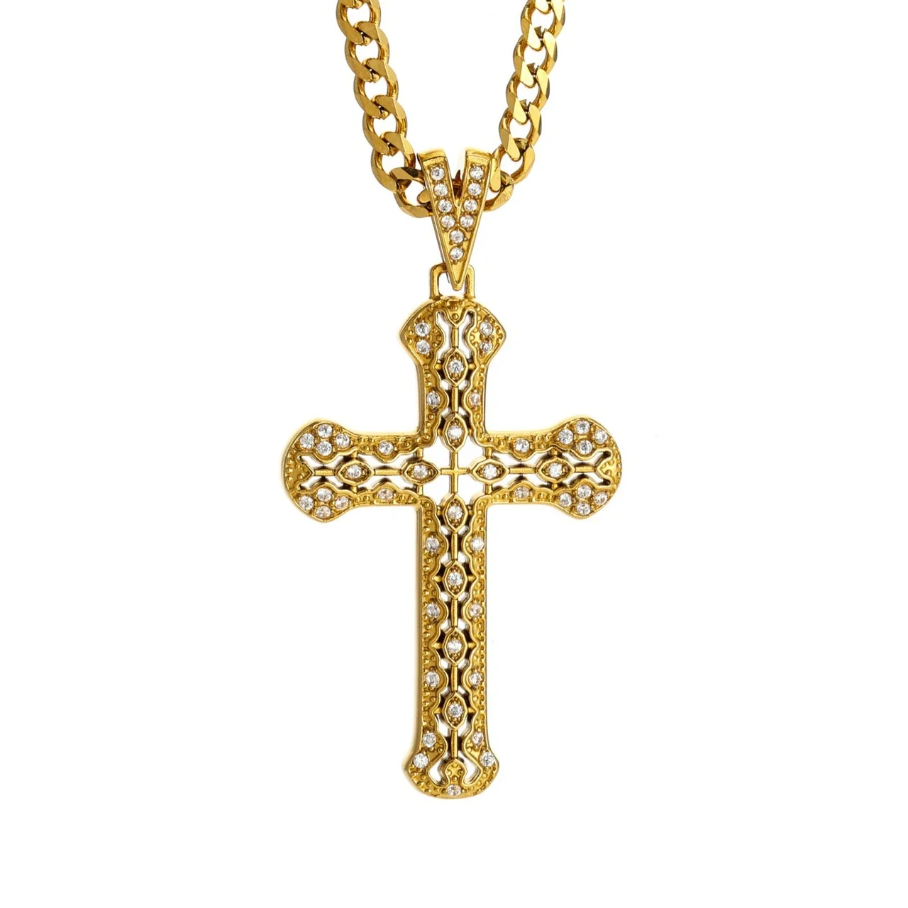 Openwork 316 Stainless Steel Pavé Cross Pendant Necklace
