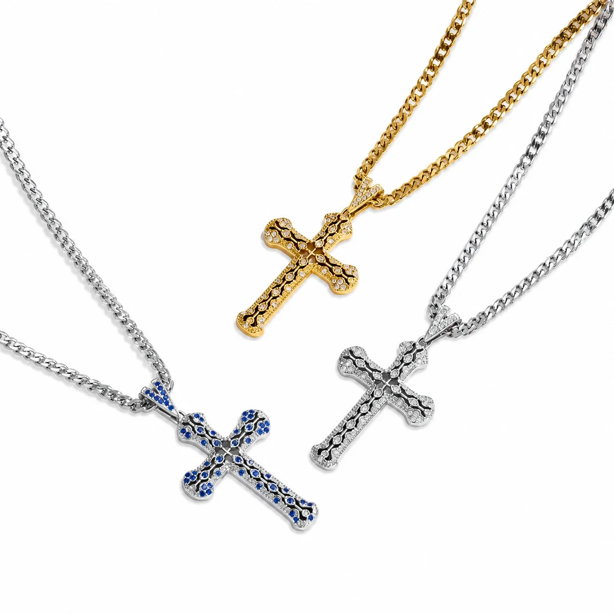 Ornate 316 Stainless Steel Pavé Cross Pendant Necklace