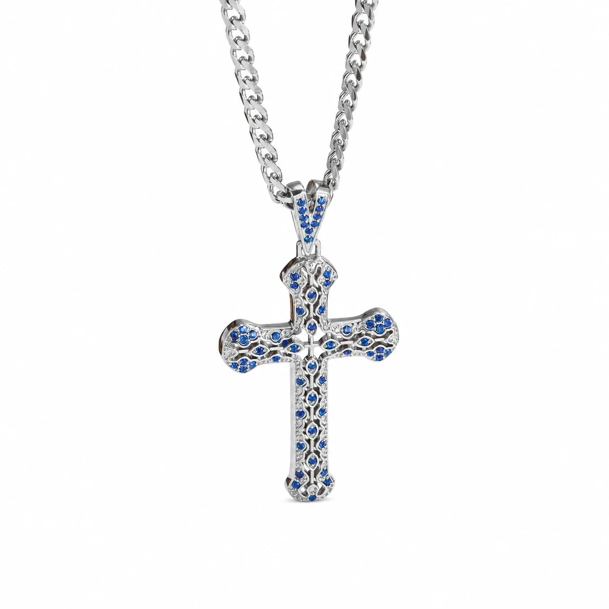 Ornate 316 Stainless Steel Pavé Cross Pendant Necklace