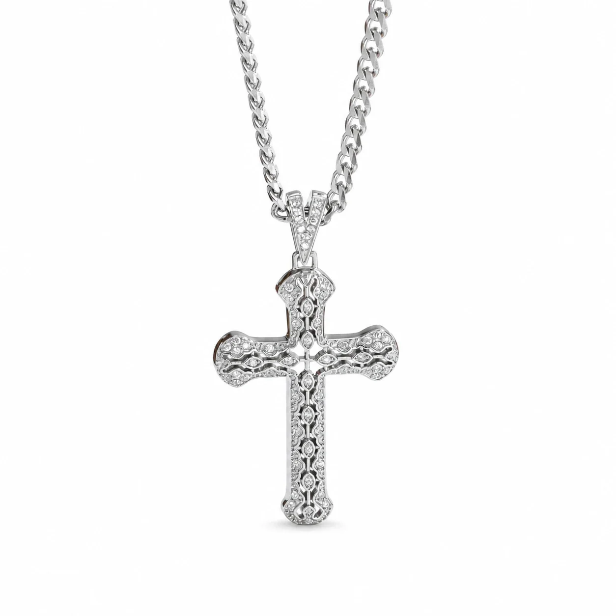 Ornate 316 Stainless Steel Pavé Cross Pendant Necklace