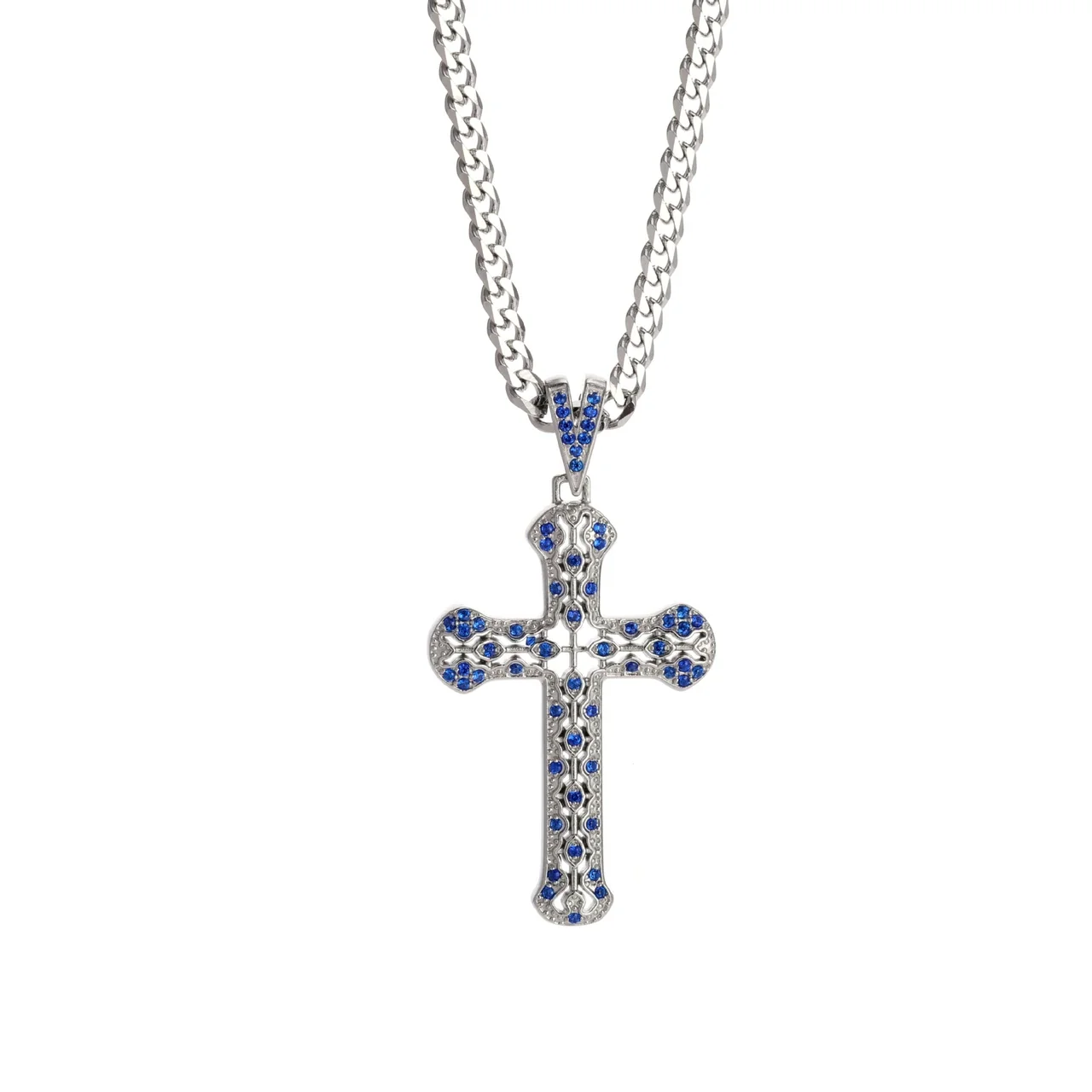 Ornate 316 Stainless Steel Pavé Cross Pendant Necklace