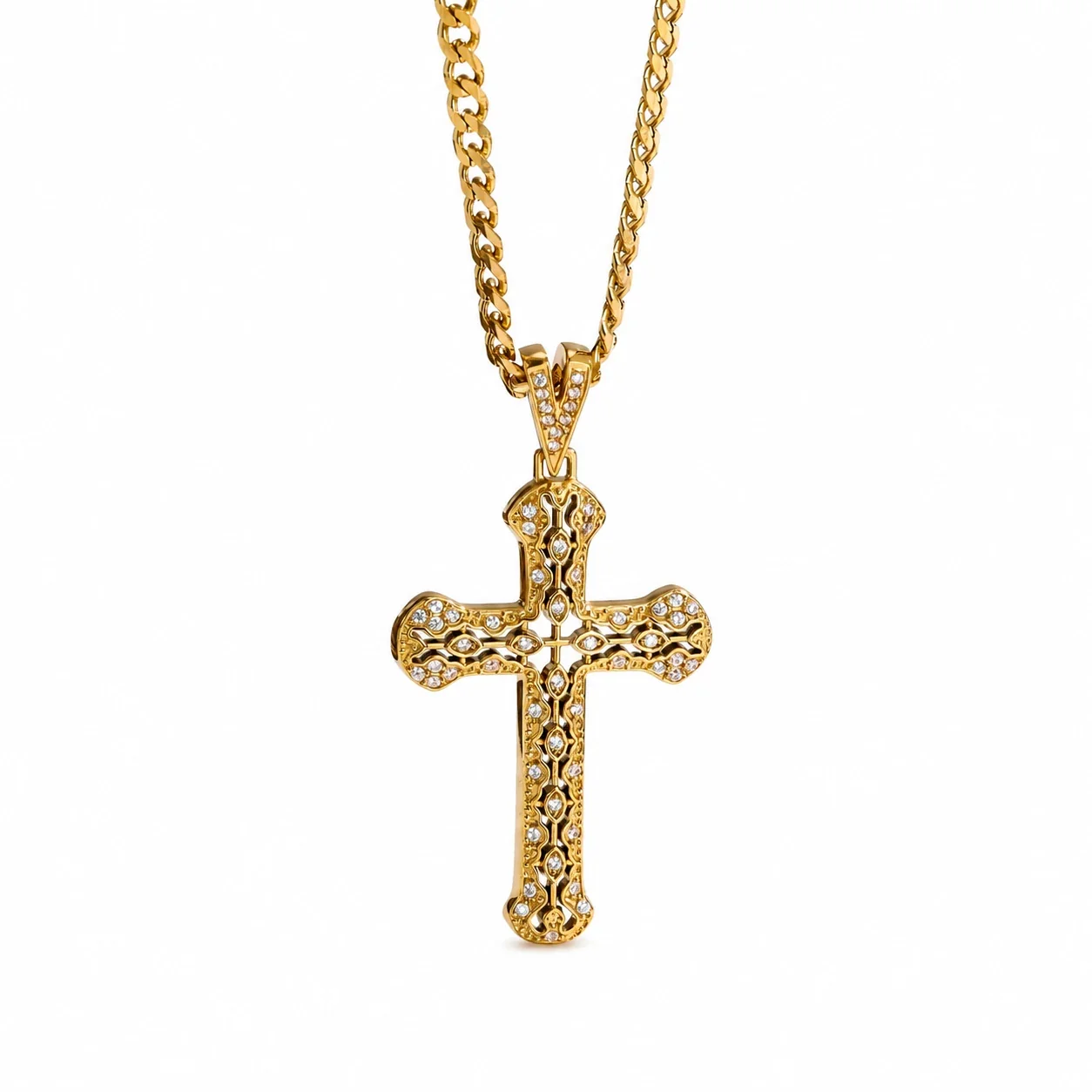 Ornate 316 Stainless Steel Pavé Cross Pendant Necklace - Gold White CZ