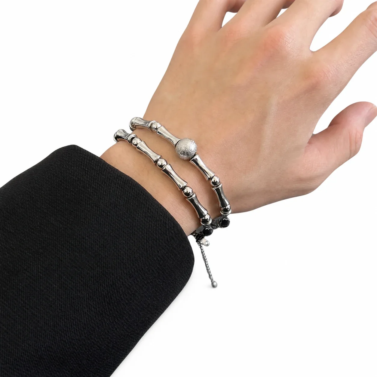Sculptural Stainless Steel Bamboo Link Bead Bracelet