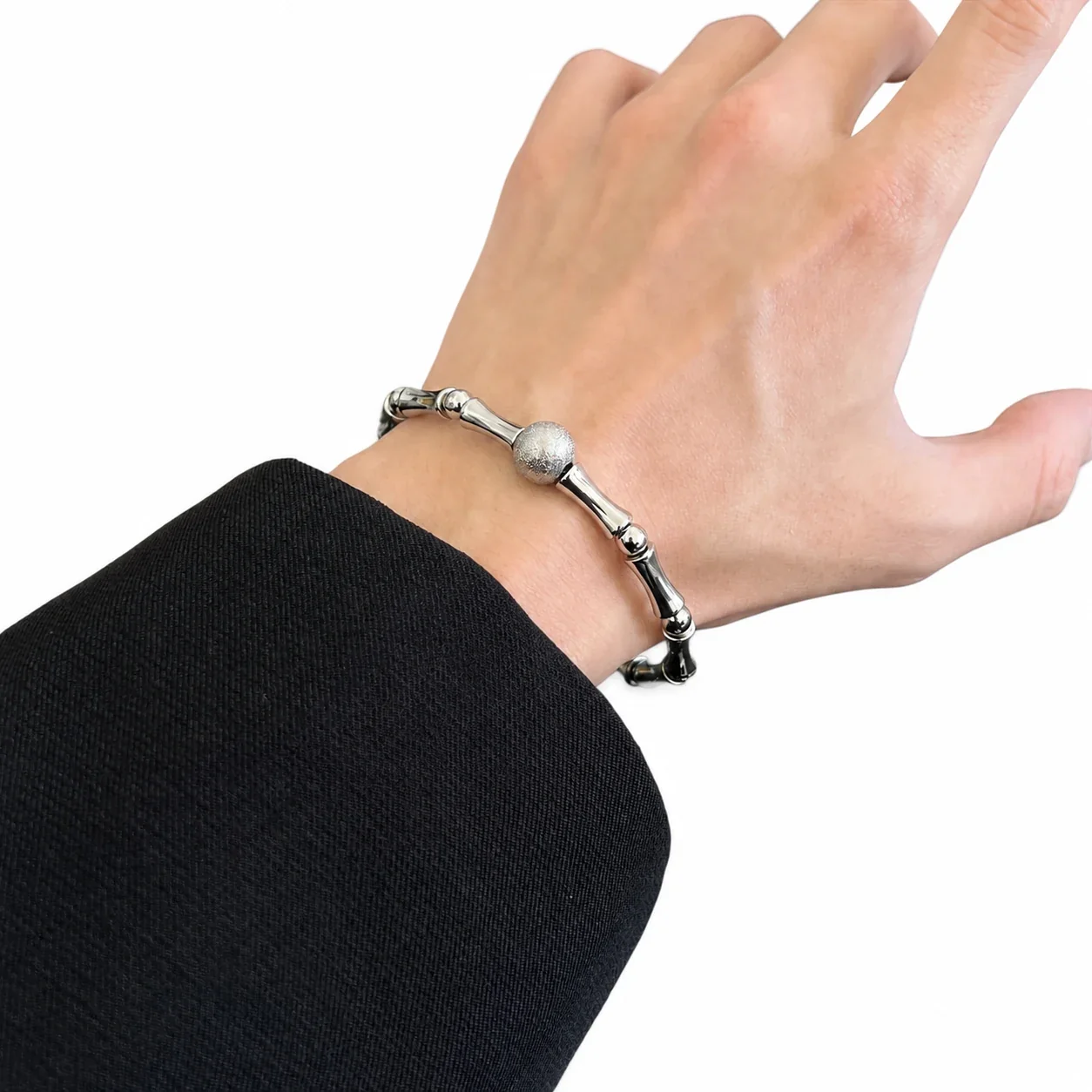 Sculptural Stainless Steel Bamboo Link Bead Bracelet