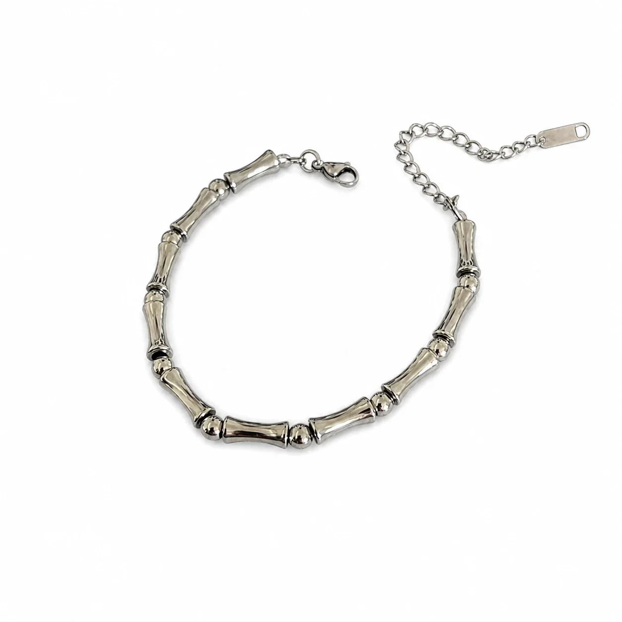 Sculptural Stainless Steel Bamboo Link Bead Bracelet - Silver Bamboo Link