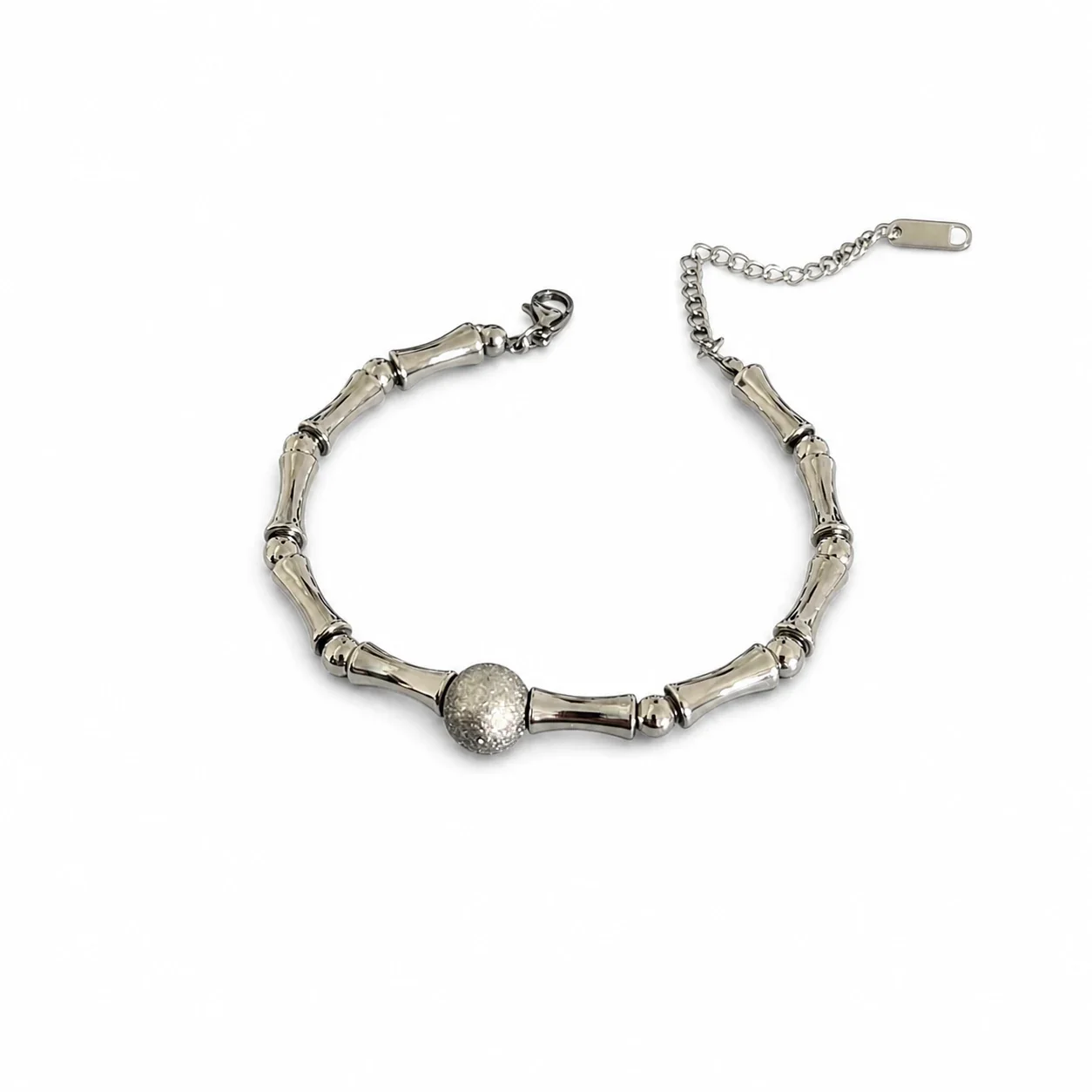 Sculptural Stainless Steel Bamboo Link Bead Bracelet - Silver Matte Bamboo Link