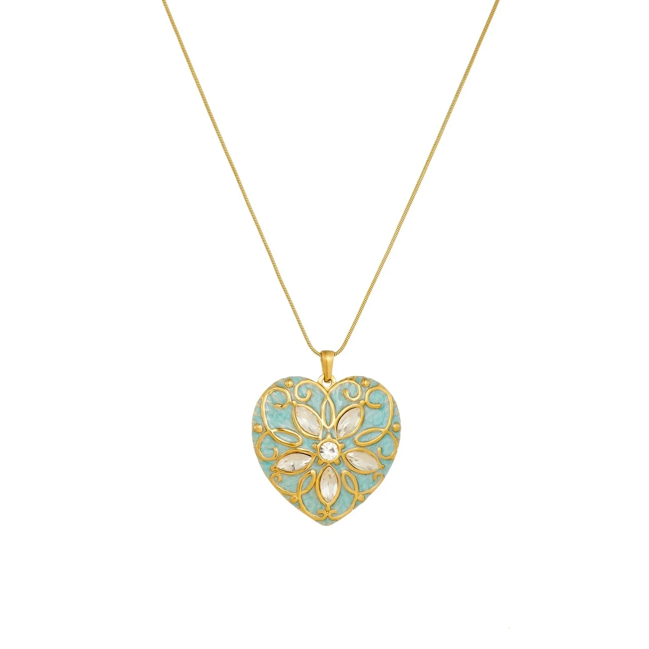 Heart Pendant Necklace with Floral Crystals, Gold-Plated Steel