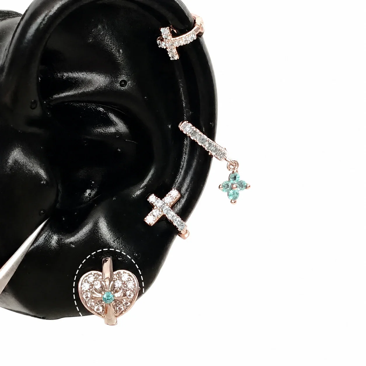 Gleaming 316 Stainless Steel CZ Cross Ear Cuff - Full CZ Heart Cross