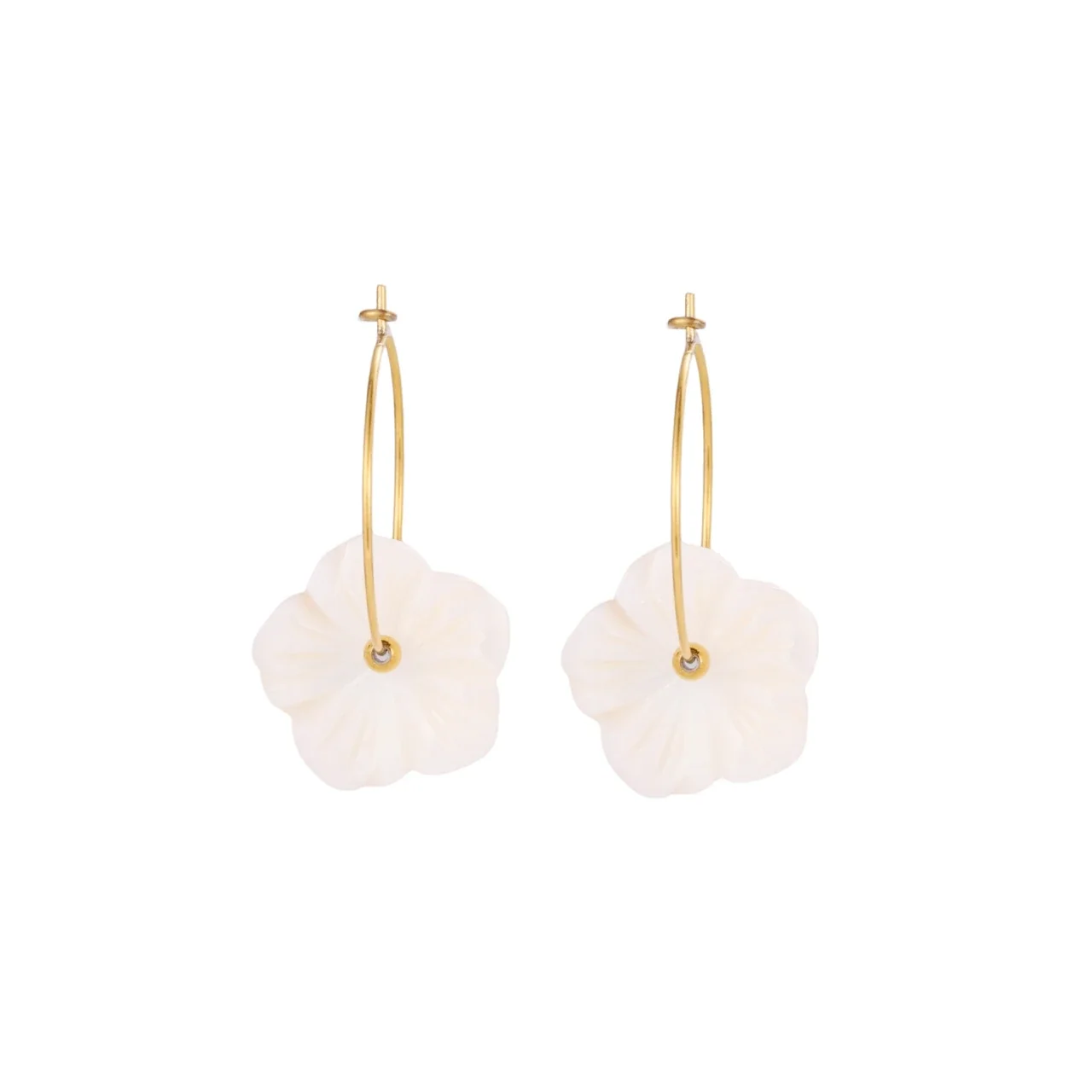 Brincos de Argola com Flores, Flores Brancas, Aço Inoxidável 316 com PVD Dourado 18K