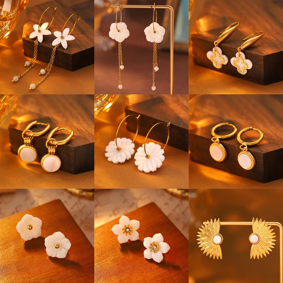 Photo produit : Créoles fleur, fleurs blanches, acier inoxydable 316 PVD or 18K