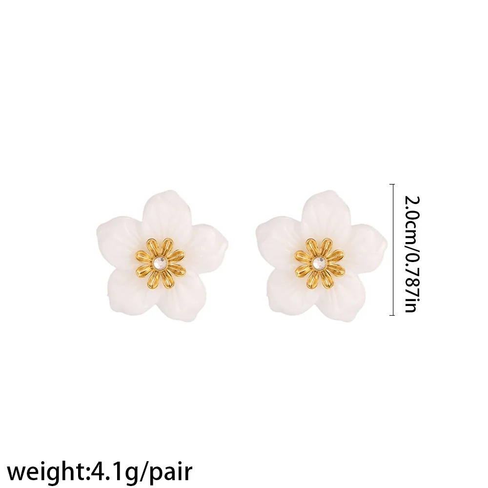 Photo produit : Créoles fleur, fleurs blanches, acier inoxydable 316 PVD or 18K