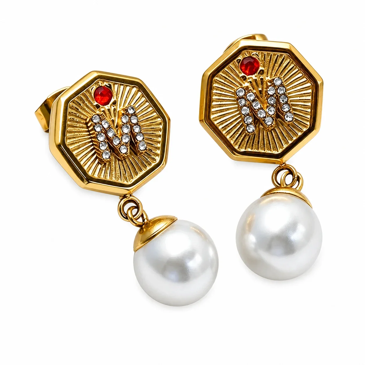 Gilded Stainless Steel Octagon M Pearl-effect Drop Earrings