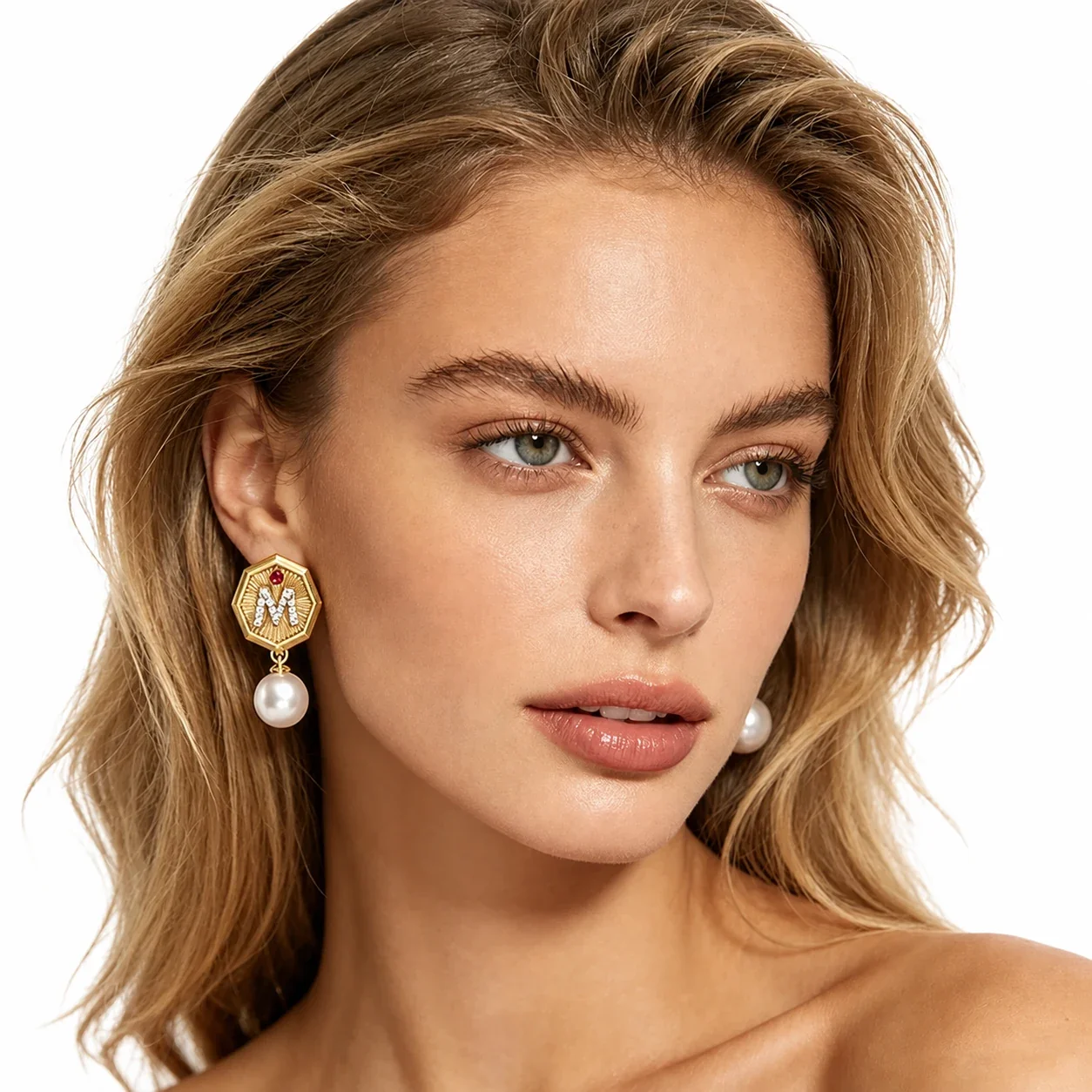 Gilded Stainless Steel Octagon M Pearl-effect Drop Earrings