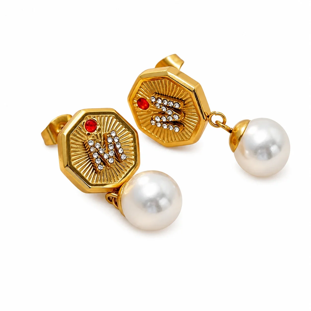 Gilded Stainless Steel Octagon M Pearl-effect Drop Earrings