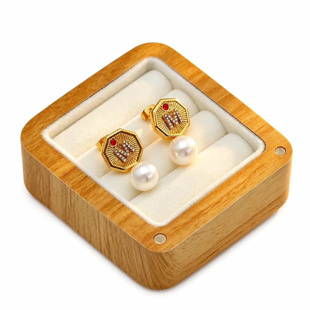 Gilded Stainless Steel Octagon M Pearl-effect Drop Earrings