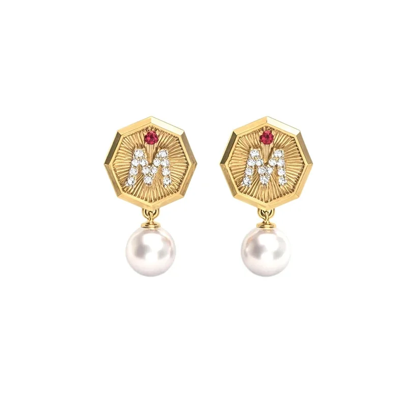 Gilded Stainless Steel Octagon M Pearl-effect Drop Earrings