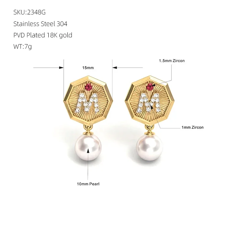 Gilded Stainless Steel Octagon M Pearl-effect Drop Earrings - Gold
