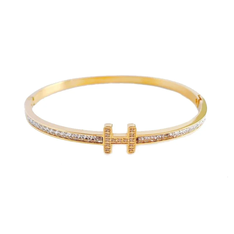 Cuff Bracelet with Crystal-Set H Motif, Stainless Steel