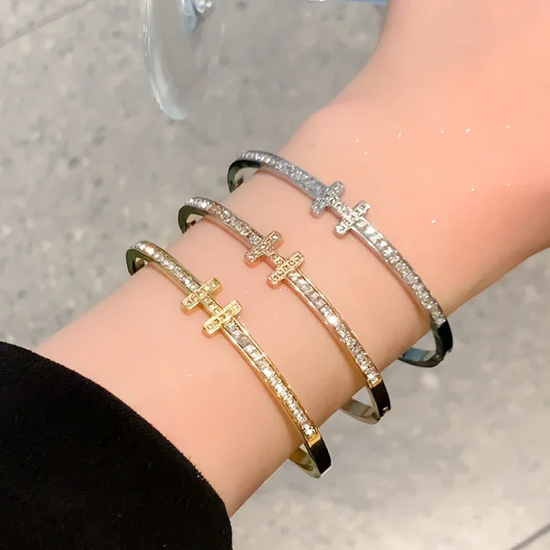 Cuff Bracelet with Crystal-Set H Motif, Stainless Steel