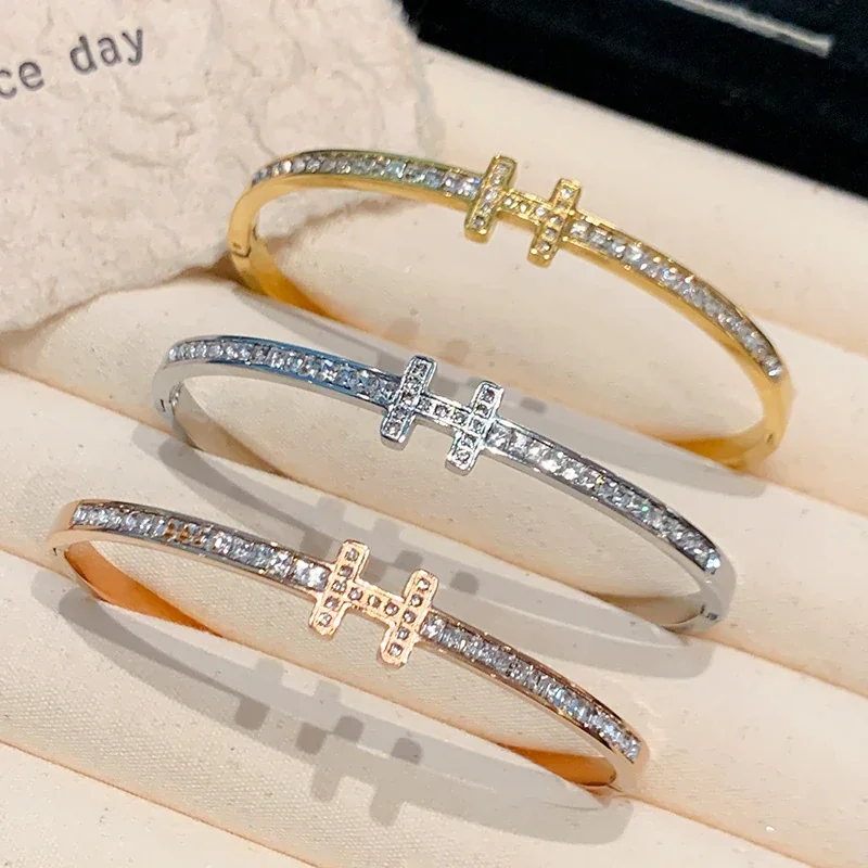 Cuff Bracelet with Crystal-Set H Motif, Stainless Steel