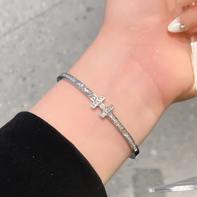 Cuff Bracelet with Crystal-Set H Motif, Stainless Steel