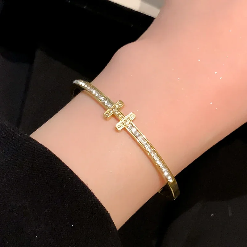 Cuff Bracelet with Crystal-Set H Motif, Stainless Steel