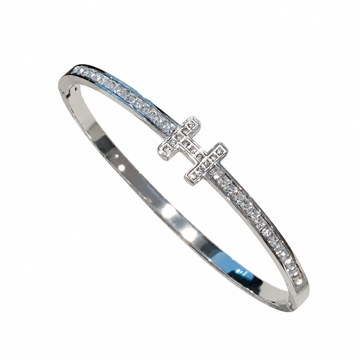 Cuff Bracelet with Crystal-Set H Motif, Stainless Steel - Silver
