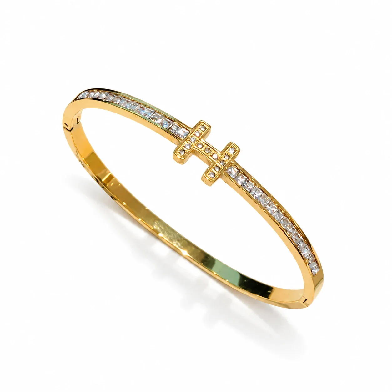 Cuff Bracelet with Crystal-Set H Motif, Stainless Steel - Gold