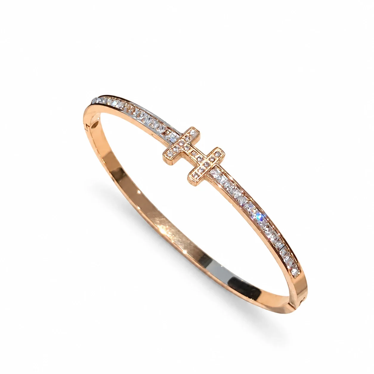 Cuff Bracelet with Crystal-Set H Motif, Stainless Steel - Rose Gold