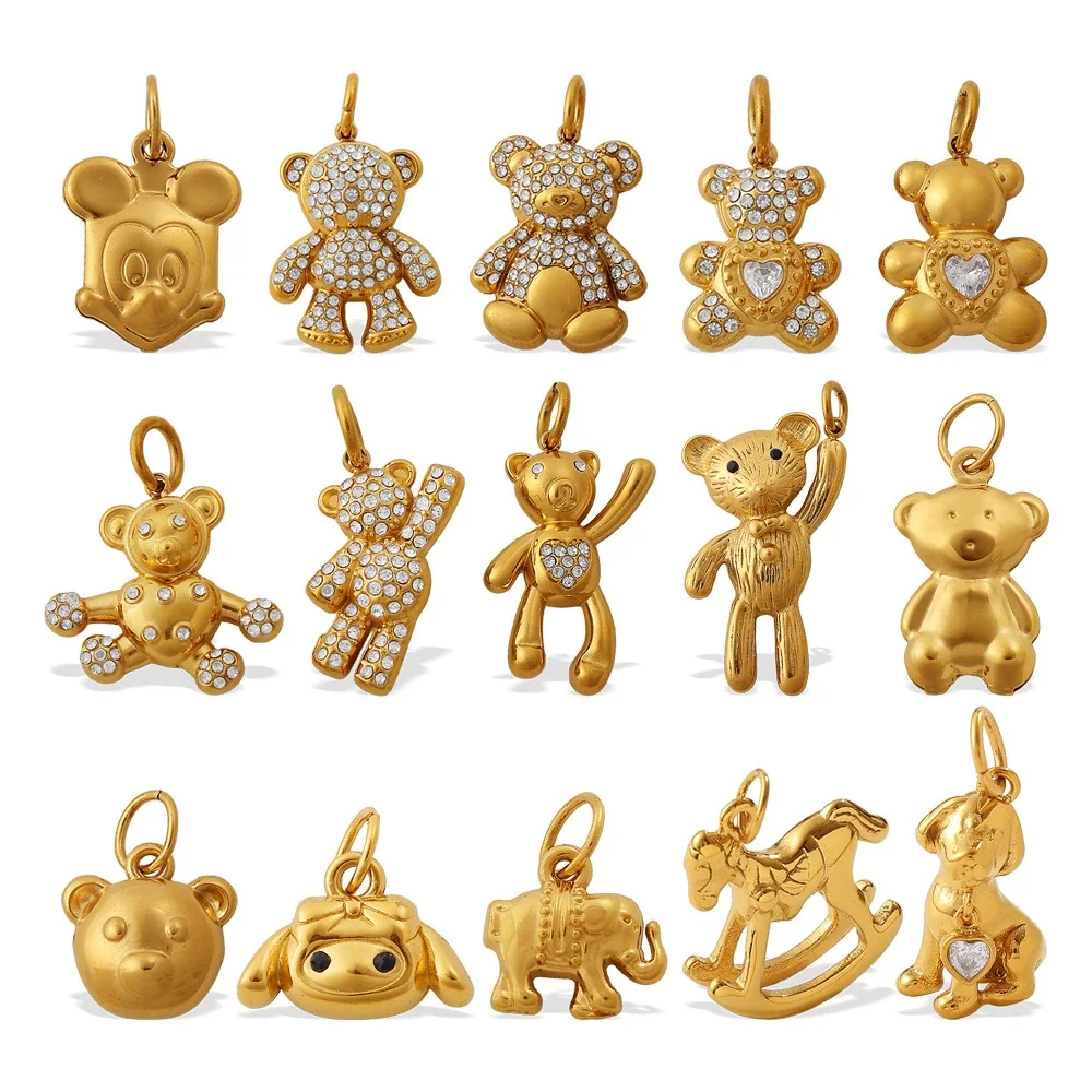 Animal Charm Pendants with Crystals, 18K Gold-Plated Steel
