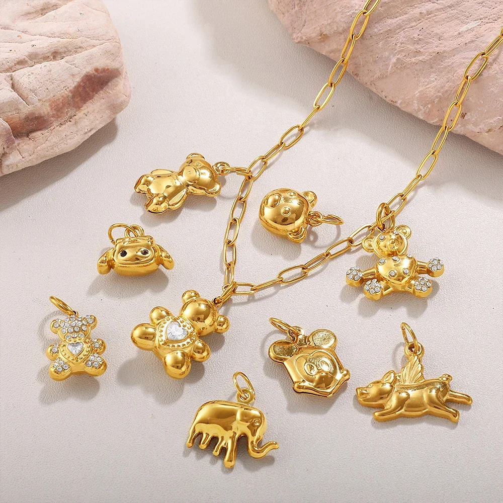 Animal Charm Pendants with Crystals, 18K Gold-Plated Steel