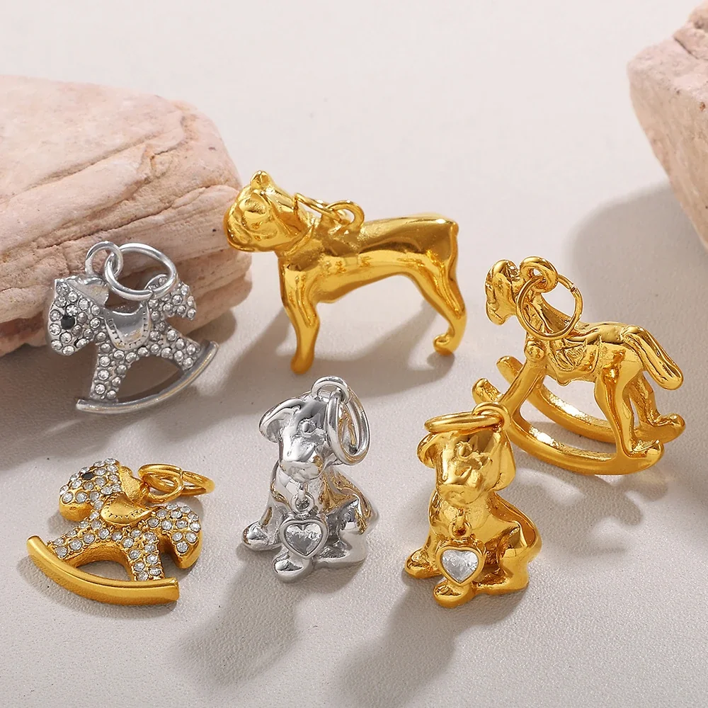 Animal Charm Pendants with Crystals, 18K Gold-Plated Steel