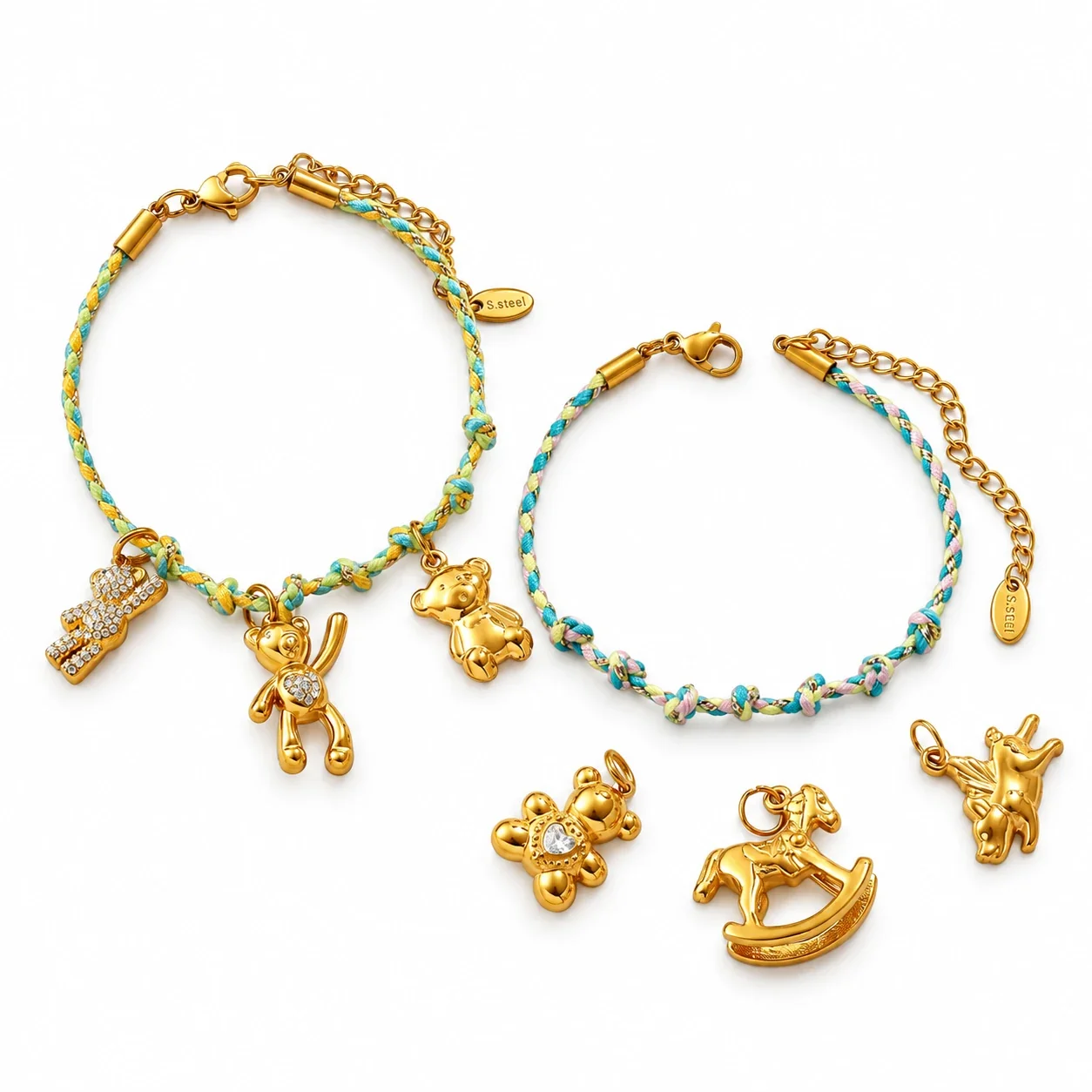 Animal Charm Pendants with Crystals, 18K Gold-Plated Steel
