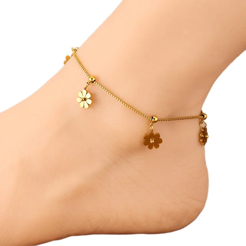 Daisy Charm Box Chain Anklet with Beads, 18K Gold-Plated Steel