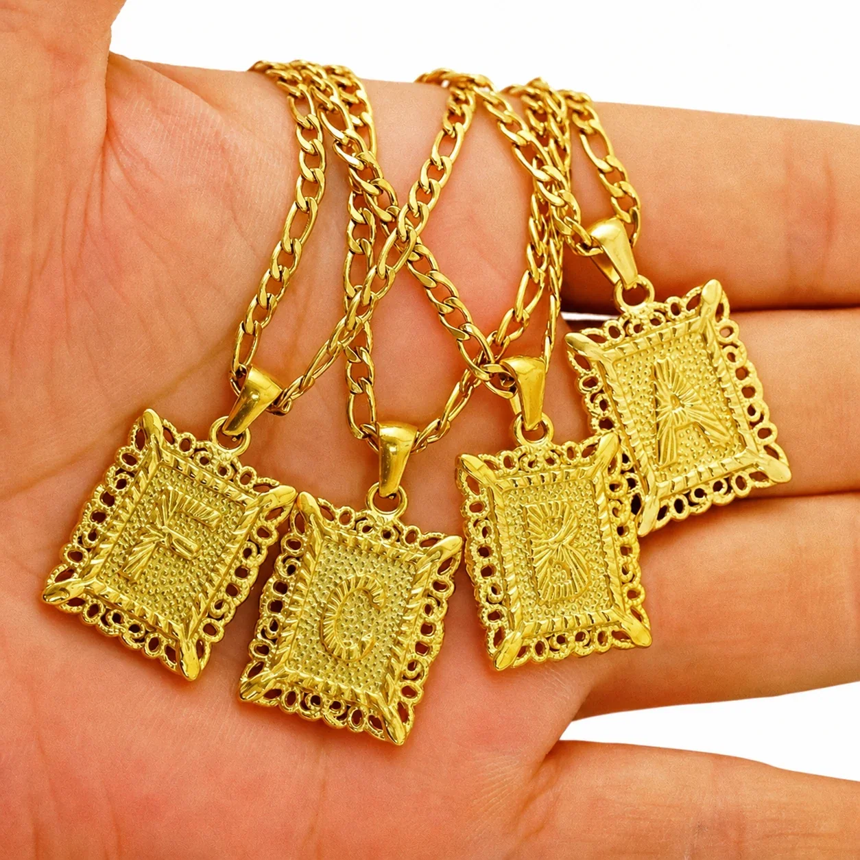 Ornate 18K Gold-Plated Square Initial Pendant Necklace