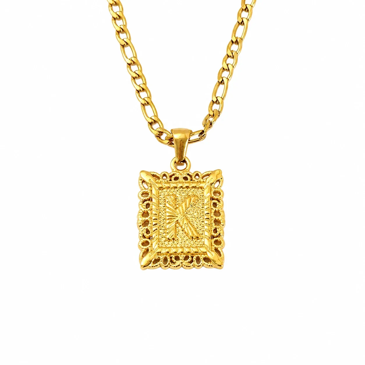 Ornate 18K Gold-Plated Square Initial Pendant Necklace - Gold K