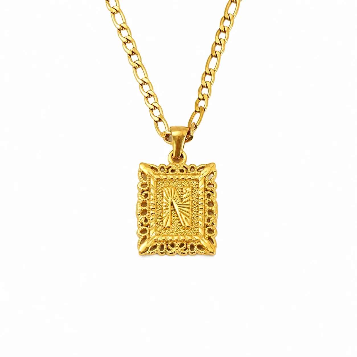Ornate 18K Gold-Plated Square Initial Pendant Necklace - Gold N