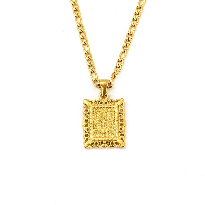 Ornate 18K Gold-Plated Square Initial Pendant Necklace - Gold U