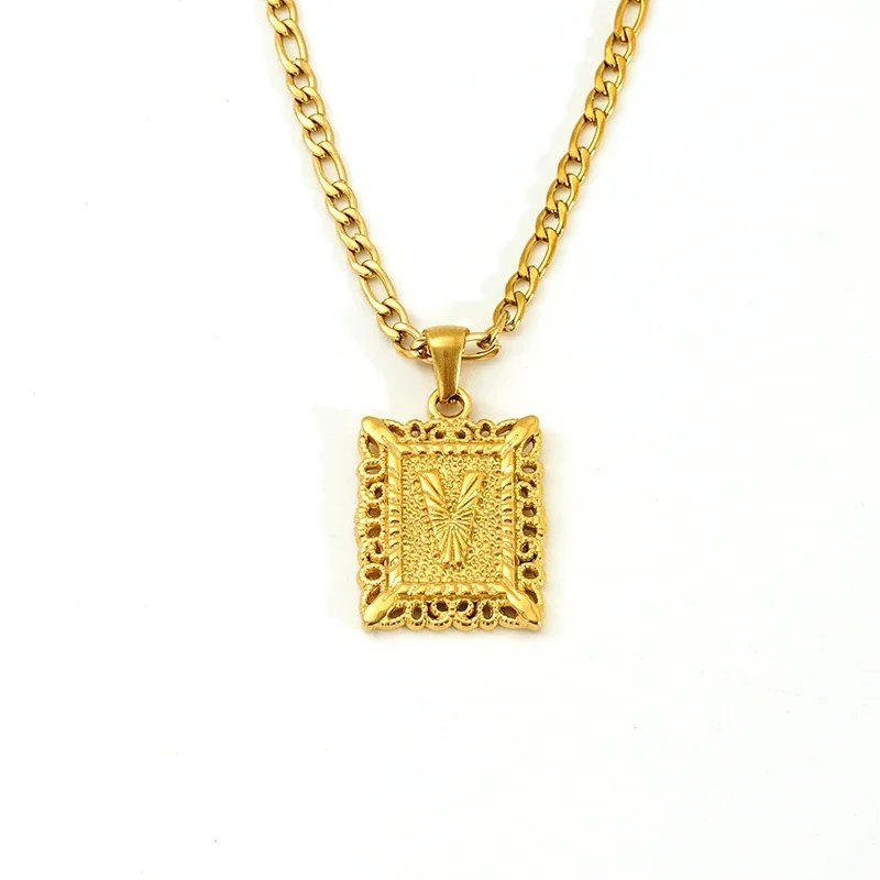 Ornate 18K Gold-Plated Square Initial Pendant Necklace - Gold V